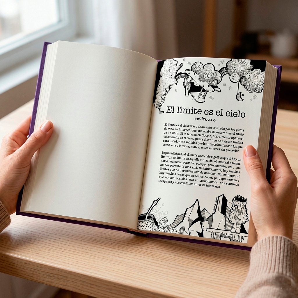 Una ilustración creativa que muestra un libro abierto de tapa dura de "Cuentos de Mochila" de Naty Late, rodeado de objetos que evocan la aventura y la creatividad.