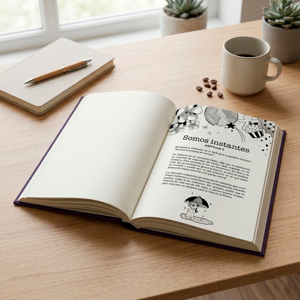 Cómo Sobrevivir a Uno Mismo Libro abierto de "Cuentos de Mochila" de Naty Late con un escrito en español