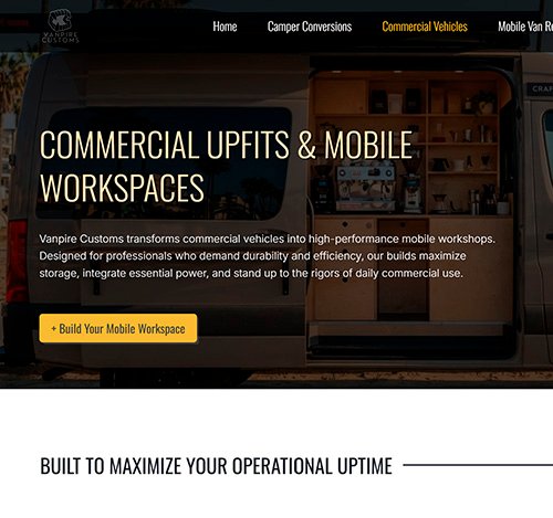 Hero de sección de servicios Commercial Uplift & Mobile Workspaces de la web Vanpire Vans por Diseñadora Gráfica Naty Late