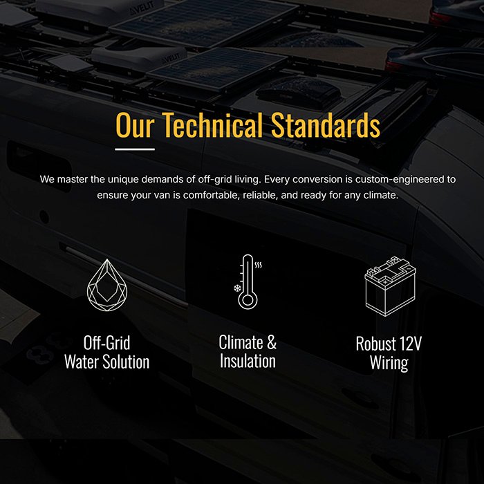 Diseño página web con especificaciones técncias e íconos de Vanpire Vans